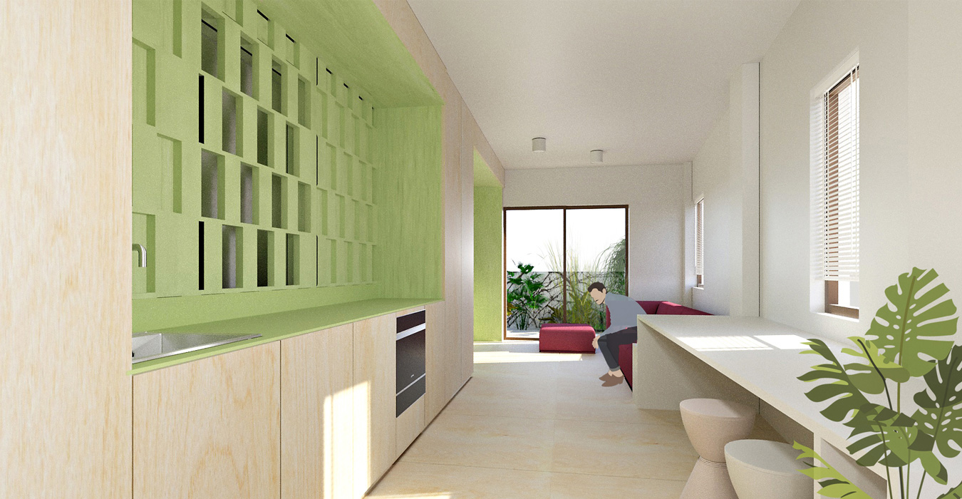 The kitchen and the apartment’ s wardrobes are built in the wooden construction 