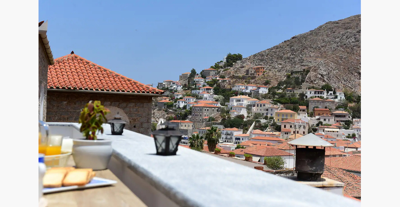 Terrace with an amazing view of a vacation house in Hydra.