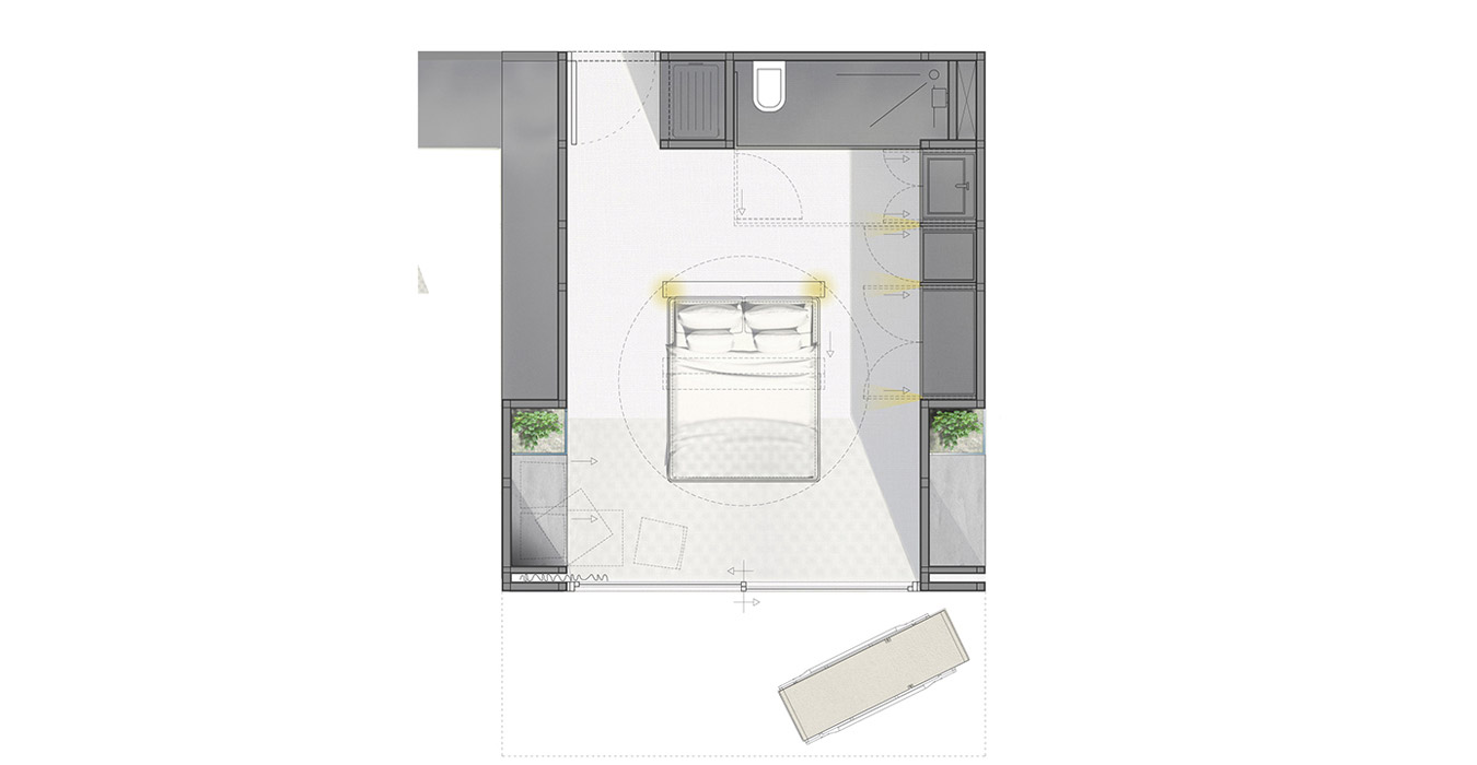 Plan view of a hotel room